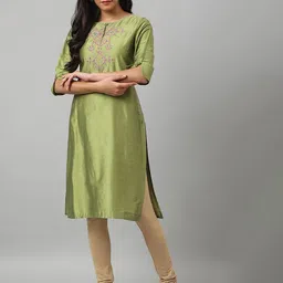 W Women Green Ethnic Motifs Yoke Design Thread Work Indie Prints Kurta-picture-25
