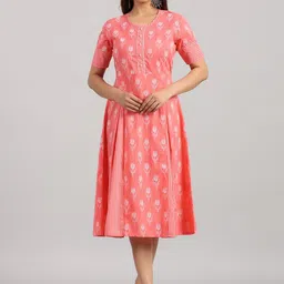 PARCHHAI Round Neck Short Sleeves Pure Cotton Fit & Flare Dress-picture-11