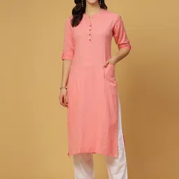 Pistaa Band Collar Roll-Up Sleeves Pure Cotton Kurta-picture-24