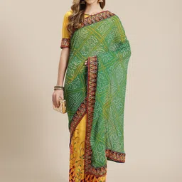 Mitera Yellow & Green Embellished Embroidered Ready to Wear Bandhani Saree image 1
