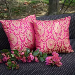 RoyalDeco Pink 2 Pieces Ethnic Motifs Zari Brocade Silk Square Cushion Covers-picture-38
