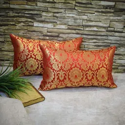 RoyalDeco Red 2 Pieces Ethnic Motifs Zari Brocade Silk Rectangle Cushion Covers-image-28