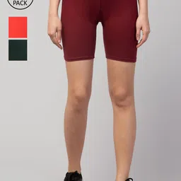 Apraa & Parma Women Pack of 3 Orange, Maroon and Green Slim Fit Cycling Sports Shorts-image-11