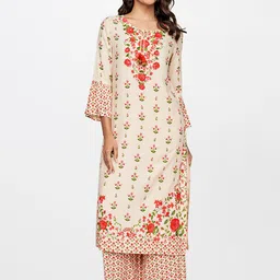 itse Women Off White Floral Printed Keyhole Neck Flared Sleeves Rayon Kurta-picture-36