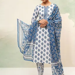 Vishudh Women Floral Printed Regular Pure Cotton Kurta with Trousers & With Dupatta image 1