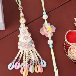 panash PANASH- Gold Plated Beaded Floral Shaped Bhaiya Bhabhi Rakhis With Roli Chawal image 2