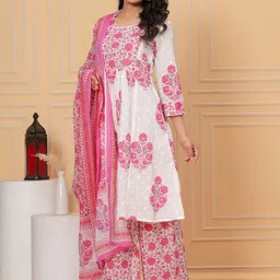 KALINI Floral Printed Round Neck Pure Cotton Kurta with Palazzos & Dupatta image 3