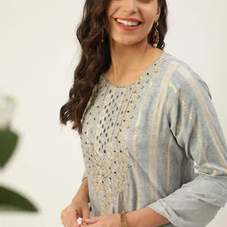 SHOWOFF Women Blue Embroidered Mirror Work Kurta with Trousers & With Dupatta-picture-42