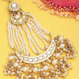 KARATCART Gold-Plated & White Kundan Studded & Beaded Jhumar Passa image 4