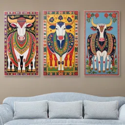 nestroots Indian Cow Wall Painting Set of 3 White Frame-picture-10