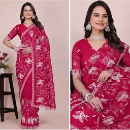 2sd gratitude Embroidered, Floral Print, Woven Chanderi Chiffon, Art Silk Saree image 3