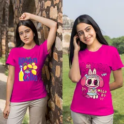 lecowar Pack of 2 Women Graphic Print Round Neck Polyester Pink T-Shirt-picture-24