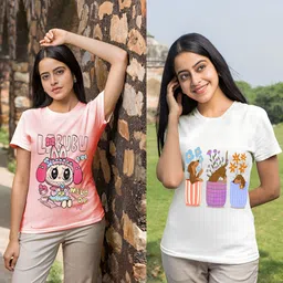 lecowar Women Printed Round Neck Polyester Pink, White T-Shirt-picture-30