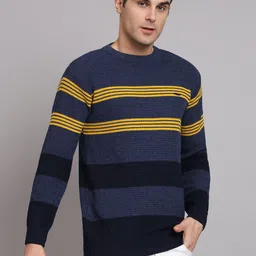 ewools Men Striped, Colorblock Round Neck Blue Sweater image 4
