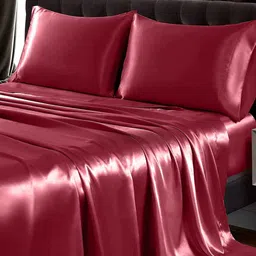 coolbeds Red Solid 400 TC Satin Single Fitted Bedsheet with 2 Satin Pillow covers image 2