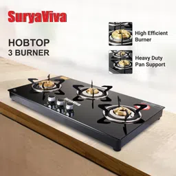 suryaviva Hobtop 3B(Lighter+Hose pipe)Toughened Glass Gas Stove(Manual,Black) Glass Manual Hob image 4