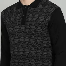 raymond Men Self Design Collared Neck Black, Grey Sweater image 5