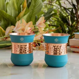 indianartvilla (Pack of 2) Copper Half Silk Finish Sky Blue Ombre Coloured Glass, 300 ML Set of 2 Pcs Glass Water/Juice Glass image 3