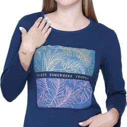 star touch Women Printed Round Neck Cotton Blend Blue T-Shirt-picture-29