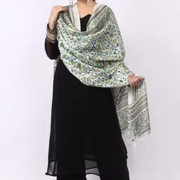 Silk Blend Self Design, Floral Print White, Green Women Dupatta-image-29
