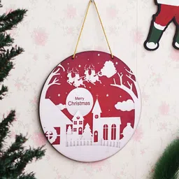 ecraftindia Red & White Engineered Wood Santa Claus With Sleigh And Reindeer Printed Door Wall Hanging image 4