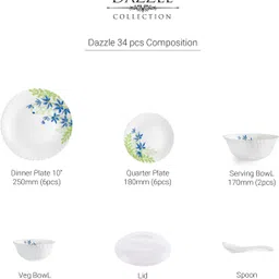 cello Pack of 34 Opalware Dazzle Series Blue Primrose Dinner Set image 3