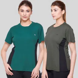 white moon Pack of 2 Women Colorblock Round Neck Polyester Multicolor T-Shirt-picture-25