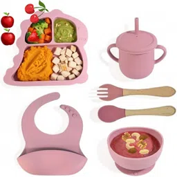6 Pcs Silicone Baby Feeding Set, Tableware Kit - Feeding Bowl, Suction Plate, Cup, Spoon, Fork & Bib for Kids, Toddler - Silicone-image-44
