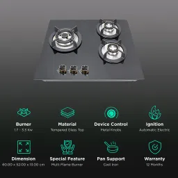 Kutchina Flamma 3B Eco 60 Tempered Glass Top 3 Burner Automatic Electric Hob (Multi Flame Burner, Black) image 3
