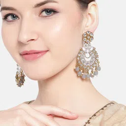 Jewels Galaxy Grey Gold-Plated Stone-Studded & Beaded Crescent Shaped Chandbalis image 1