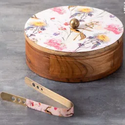 nestroots Allure Paisley Teak Wood Roti Box with tong - Pink-picture-10