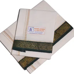 SR Handlooms And Textiles Men's Pure Cotton Dhoti with Uttariyam (4+2) Mtrs, Off White with Green Border Woven Men Dhoti image 2