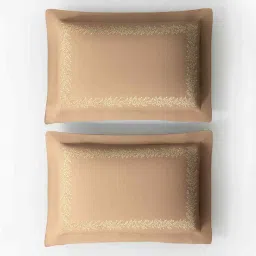 platina india Beige Solid Colour Base With Leaf Embroidery 500 Tc Cotton King Sized Double Bedsheet With 2 Pillow Covers image 3