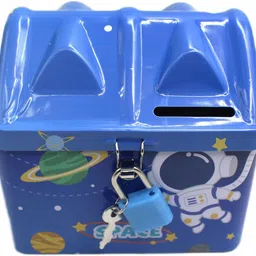 neoinsta shopping Medium size space prints on it metal piggy bank with lock and key blue color Coin Bank-picture-21