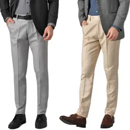 elanhood Pack of 2 Men Regular Fit Grey, Cream Cotton Blend Trousers image 1