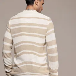 roadster Men Striped Round Neck Beige Sweater image 5