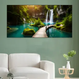 nestroots Black Canvas Framed Enchanting Waterfall with Scenic Bridge Wall Painting(18X36 Inch)-picture-17
