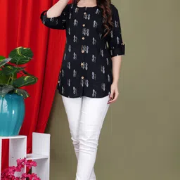 febq Casual Regular Sleeves Printed Women Black Top image 4