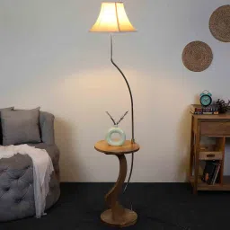 White Iron & Cloth Shade Shelf Floor Lamp With Wood & Iron Base by Sapphire image 1