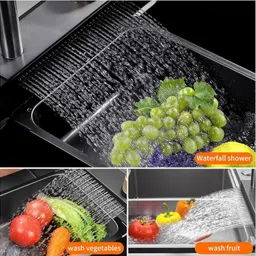 golden 24"x18"x09" Single Bowl Waterfall Kitchen Sink Honeycomb Embossed Sink with Black Nano Coating , Rectangular Workstation,Faucet with all Accessories Vessel Sink image 4