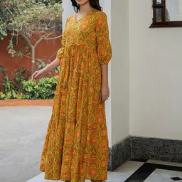 janasya Women Tiered Green, Red, Yellow Ankle Length Dress image 5