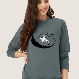 zentworld Women Printed Round Neck Cotton Blend Grey T-Shirt image 1