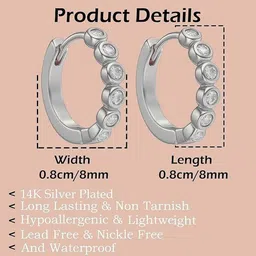 thanu's craft Elegant 18K Silver Plated White Stone Small 8mm Hoop Earrings Crystal Silver Clip-on Earring image 3
