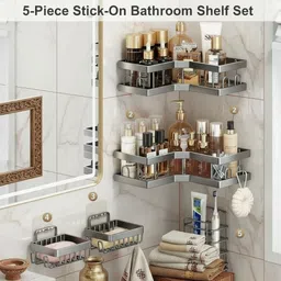 Simplifi Nest 5-Piece Stick-On Bathroom Shelf Set Stainless Steel Wall Shelf image 3