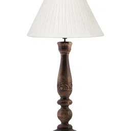 Devansh Off White & Brown Textured Shade Traditional Frustum Shaped Wooden Lamp image 2