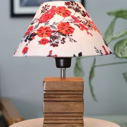 Homesake Brown & White Floral Printed Ribbed Cube Table Lamp With Wooden Base-image-40