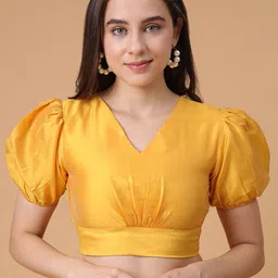 Frolic Rolic Yellow Silk Blend V-Neck Puff Sleeves Blouse-image-34