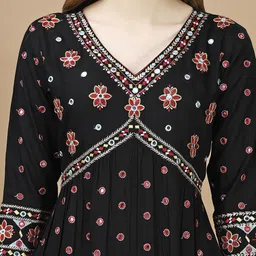 KALINI Floral Embroidered Alia Cut Mirror Work Empire A-Line Kurta with Trousers & Dupatta image 2