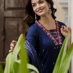 KALINI Floral Embroidered A-Line Thread Work Kurta with Trousers & Dupatta image 2