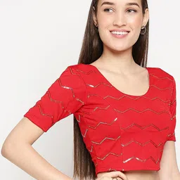 SALWAR STUDIO Red & Gold-Coloured Embroidered Stretchable Readymade Saree Blouse image 3